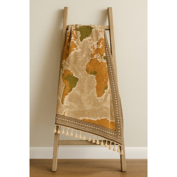 Unbranded Accessories - World Map Tassel Scarf – 3.5x6 ft Oversized Boho Wrap – Neutral Earth Tones – Tr
